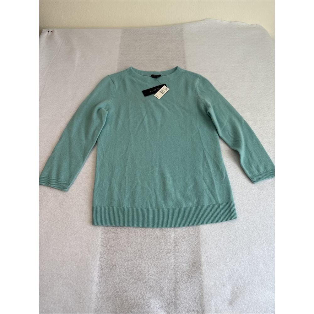 Talbots Womens Cashmere Sweater Small Green Aqua Classic Minimalist 3/4 Sleeve